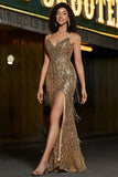 Sparkly Golden Spaghetti Straps Long Mermaid Prom Dress with Slit