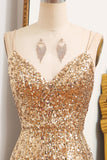 Sparkly Gold Mermaid Long Corset Sequins Prom Dress with Slit