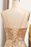 Sparkly Gold Mermaid Long Corset Sequins Prom Dress with Slit