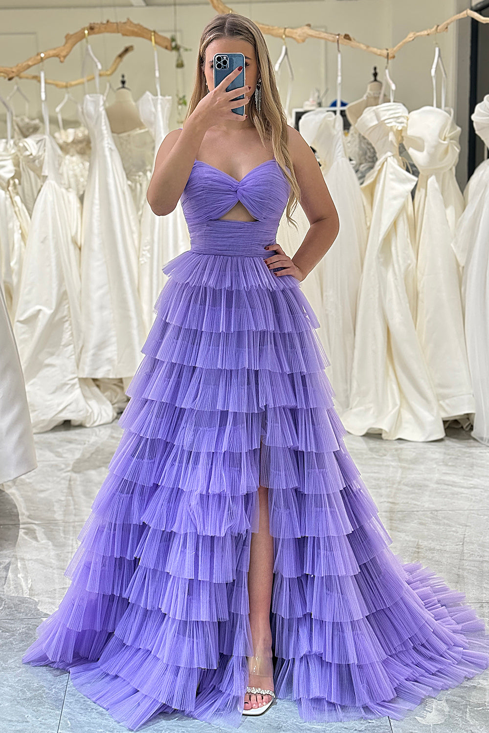 Wedtrend Women Purple Tulle Prom Dress A-Line Spaghetti Straps Tiered Long Ball Gown with Slit WEDTREND Wedtrend Women Purple Tulle Prom Dress A-Line Spaghetti Straps Tiered Long Ball Gown with Slit WEDTREND