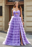 Purple Princess Spaghetti Straps Tiered Long Tulle Prom Dress with Slit