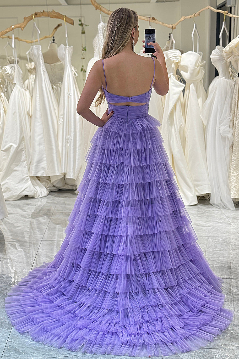 Wedtrend Women Purple Tulle Prom Dress A-Line Spaghetti Straps Tiered Long Ball Gown with Slit WEDTREND Wedtrend Women Purple Tulle Prom Dress A-Line Spaghetti Straps Tiered Long Ball Gown with Slit WEDTREND