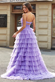 Purple Princess Spaghetti Straps Tiered Long Tulle Prom Dress with Slit