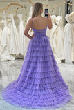 Purple A-Line Spaghetti Straps Tiered Long Tulle Prom Dress with Slit