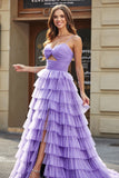 Purple Princess Spaghetti Straps Tiered Long Tulle Prom Dress with Slit