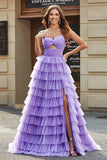 Purple Princess Spaghetti Straps Tiered Long Tulle Prom Dress with Slit