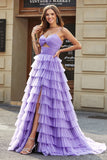 Purple Princess Spaghetti Straps Tiered Long Tulle Prom Dress with Slit