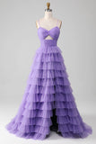 Purple A-Line Spaghetti Straps Tiered Long Tulle Prom Dress with Slit