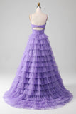 Purple A-Line Spaghetti Straps Tiered Long Tulle Prom Dress with Slit