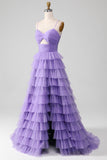 Purple A-Line Spaghetti Straps Tiered Long Tulle Prom Dress with Slit