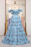Lavendar A Line Sweetheart Pleated Floral Print Long Tiered Prom Dress