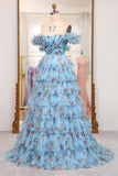 Lavendar A Line Sweetheart Pleated Floral Print Long Tiered Prom Dress