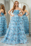 Blue A Line Sweetheart Pleated Floral Print Long Tiered Prom Dress