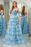 Lavendar A Line Sweetheart Pleated Floral Print Long Tiered Prom Dress