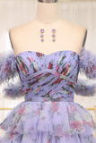Lavendar A Line Sweetheart Pleated Floral Print Long Tiered Prom Dress