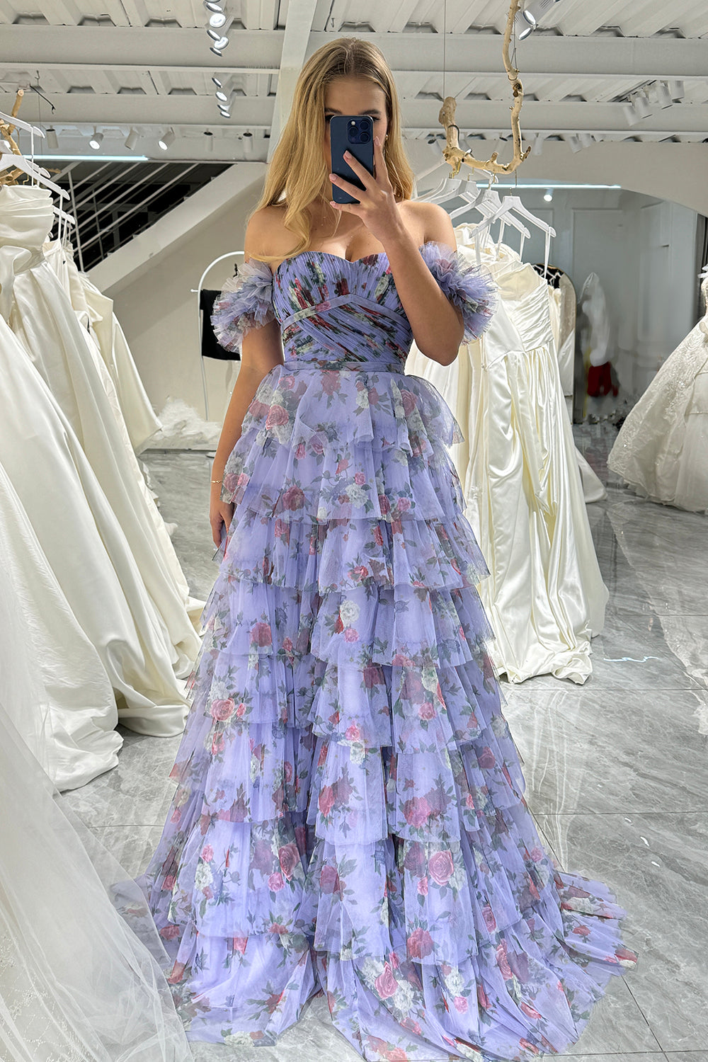 Wedtrend Women Lavendar Prom Dress A Line Strapless Pleated Floral Print Long Tiered Party Dress WEDTREND Wedtrend Women Lavendar Prom Dress A Line Strapless Pleated Floral Print Long Tiered Party Dress WEDTREND