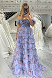Lavendar A Line Sweetheart Pleated Floral Print Long Tiered Prom Dress