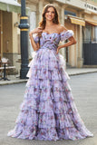 Lavender Ball Gown Off the Shoulder Floral Printed Tiered Prom Dress with Rosette Details