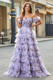 Lavender A-Line Off the Shoulder Floral Printed Tiered Pleated Long Prom Dress