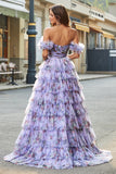 Lavender A-Line Off the Shoulder Floral Printed Tiered Pleated Long Prom Dress