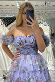 Lavendar A Line Sweetheart Pleated Floral Print Long Tiered Prom Dress