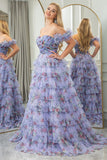 Lavendar A Line Sweetheart Pleated Floral Print Long Tiered Prom Dress