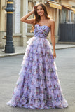Lavender Ball Gown Off the Shoulder Floral Printed Tiered Prom Dress with Rosette Details