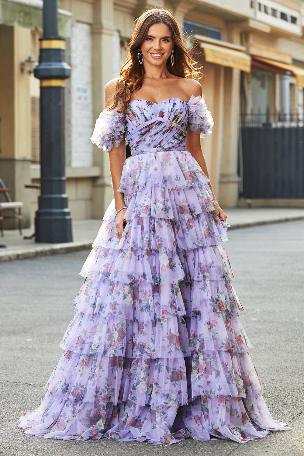 Lavender Ball Gown Off the Shoulder Floral Printed Tiered Prom Dress with Rosette Details Lavender Ball Gown Off the Shoulder Floral Printed Tiered Prom Dress with Rosette Details