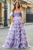 Lavender A-Line Off the Shoulder Floral Printed Tiered Pleated Long Prom Dress