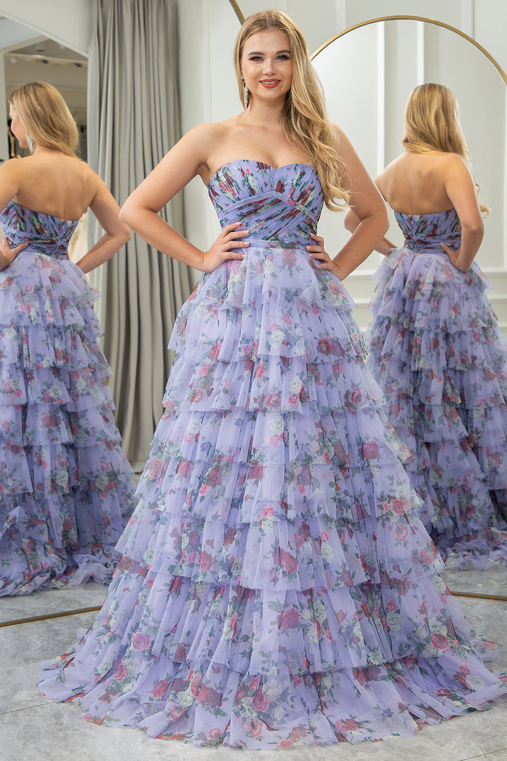 Blue A Line Sweetheart Pleated Floral Print Long Tiered Prom Dress