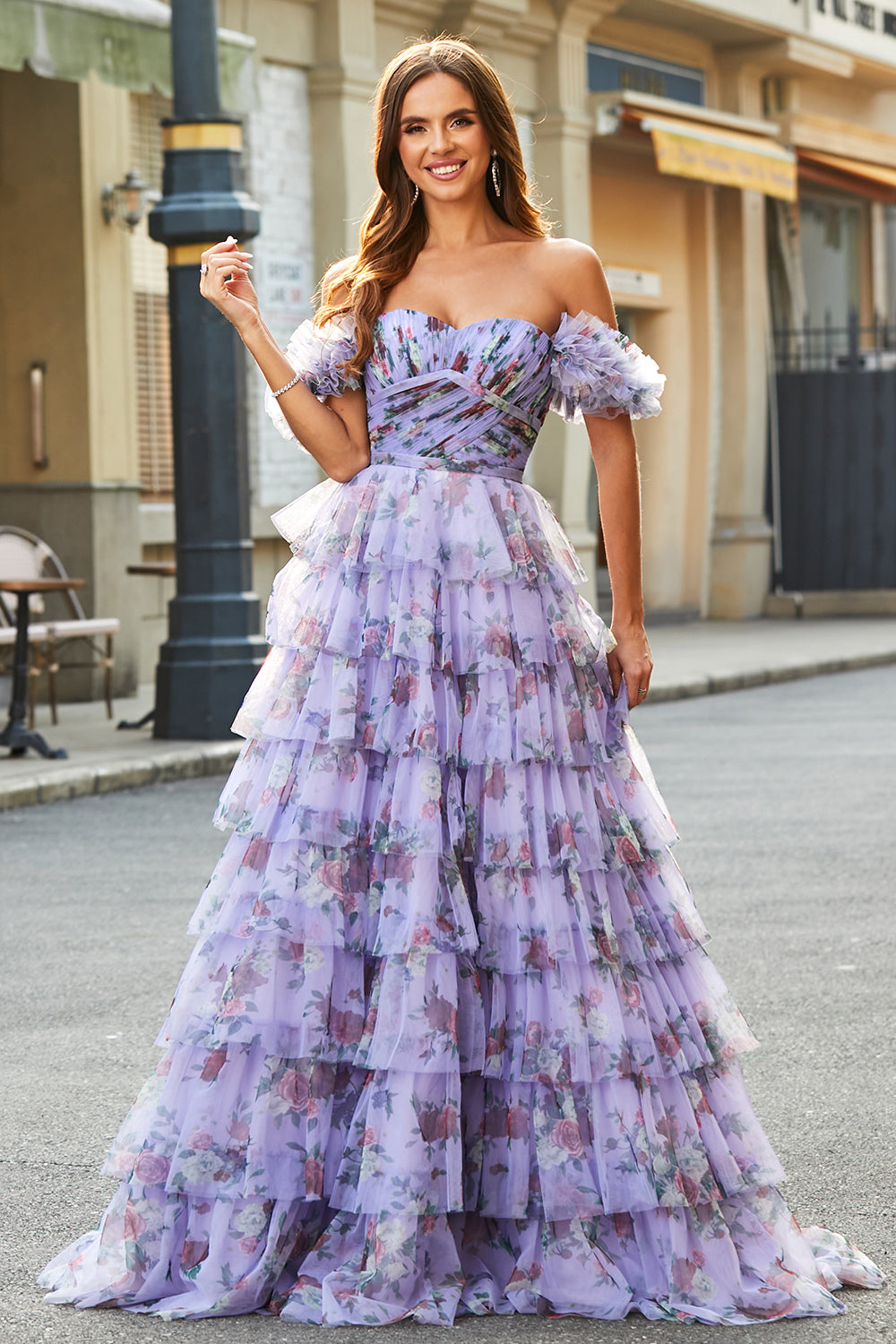 lavender flower prom dress Wedtrend Women Lavender Prom Dress with Rosette Details Ball Gown Off the Shoulder Floral Printed Tiered Evening Dress – WEDTREND