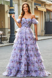 Lavender A-Line Off the Shoulder Floral Printed Tiered Pleated Long Prom Dress