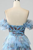 Lavender Ball Gown Off the Shoulder Floral Printed Tiered Prom Dress with Rosette Details