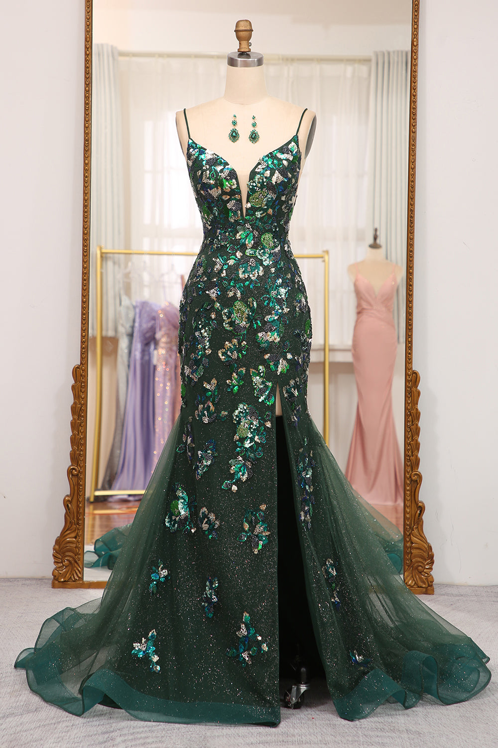 Wedtrend Women Dark Green Prom Dress Mermaid Butterflies Appliques Lace-Up Back Evening Dress with Slit WEDTREND Wedtrend Women Dark Green Prom Dress Mermaid Butterflies Appliques Lace-Up Back Evening Dress with Slit WEDTREND