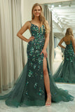 Dark Green Mermaid Butterflies Appliques Lace-Up Back Prom Dress with Slit