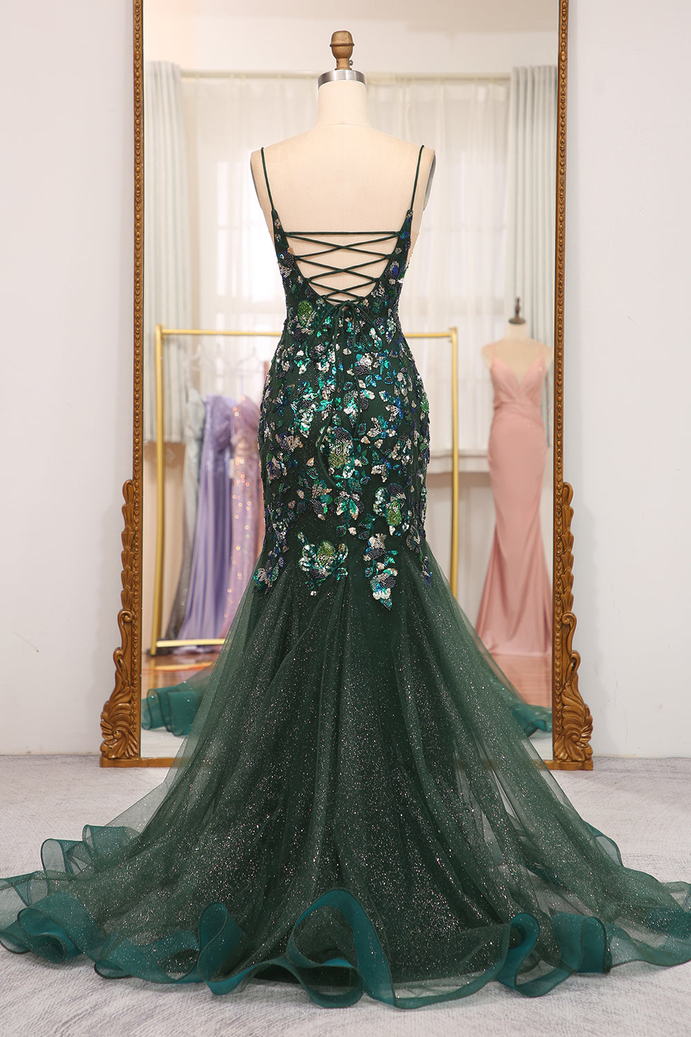 Wedtrend Women Dark Green Prom Dress Mermaid Butterflies Appliques Lace-Up Back Evening Dress with Slit, Dark Green / US22W Wedtrend Women Dark Green Prom Dress Mermaid Butterflies Appliques Lace-Up Back Evening Dress with Slit, Dark Green / US22W