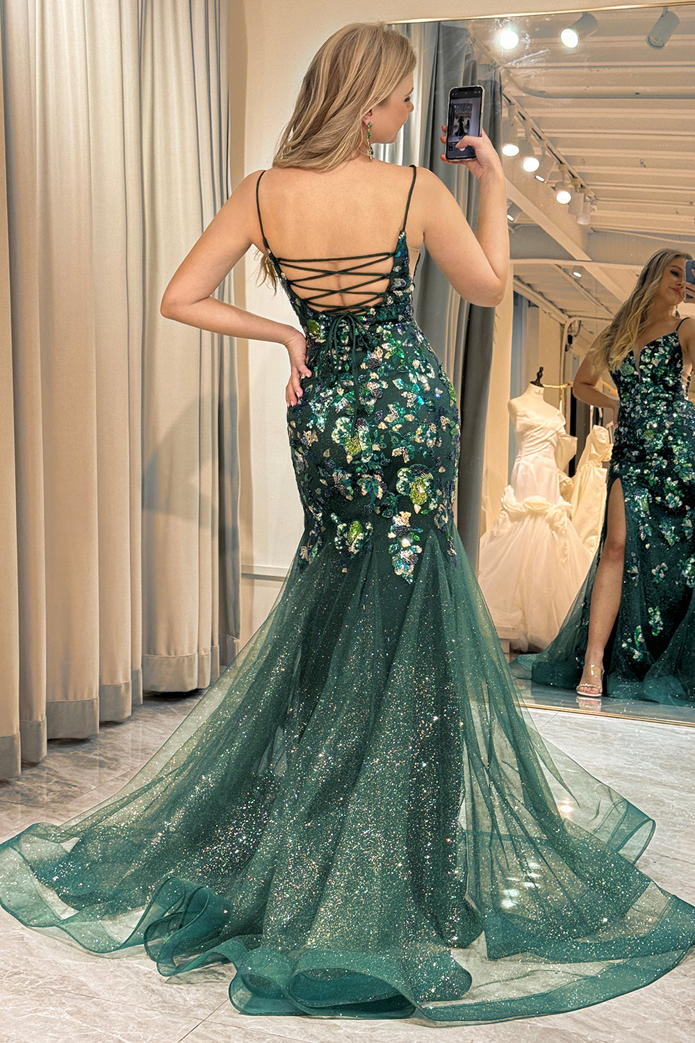 Wedtrend Women Dark Green Prom Dress Mermaid Butterflies Appliques Lace-Up Back Evening Dress with Slit, Dark Green / US22W Wedtrend Women Dark Green Prom Dress Mermaid Butterflies Appliques Lace-Up Back Evening Dress with Slit, Dark Green / US22W