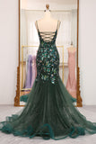 Dark Green Mermaid Butterflies Appliques Lace-Up Back Prom Dress with Slit