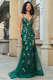 Dark Green Mermaid Spaghetti Straps Lace-Up Back Applique Prom Dress with Slit