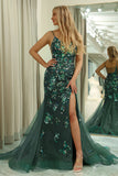 Dark Green Mermaid Butterflies Appliques Lace-Up Back Prom Dress with Slit