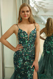 Dark Green Mermaid Butterflies Appliques Lace-Up Back Prom Dress with Slit