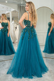 Dark Green A Line Tulle Long Appliqued Prom Dress With Slit