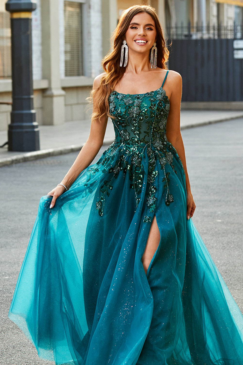 Dark Green A Line Spaghetti Straps Tulle Long Appliqued Prom Dress With Slit