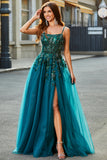 Dark Green A Line Spaghetti Straps Tulle Long Appliqued Prom Dress With Slit