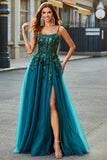Sparkly Dark Green A Line Spaghetti Straps Long Prom Dress with Slit