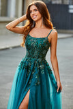 Dark Green A Line Spaghetti Straps Tulle Long Appliqued Prom Dress With Slit