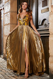 Sparkly Golden A-Line V-Neck Pleated Long Prom Dress with Slit