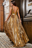 Sparkly Golden A-Line V-Neck Pleated Long Prom Dress with Slit