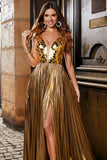 Sparkly Golden A-Line V-Neck Pleated Long Prom Dress with Slit