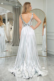 Silver A-Line V-Neck Pleated Sparkly Prom Dress with Front Slit